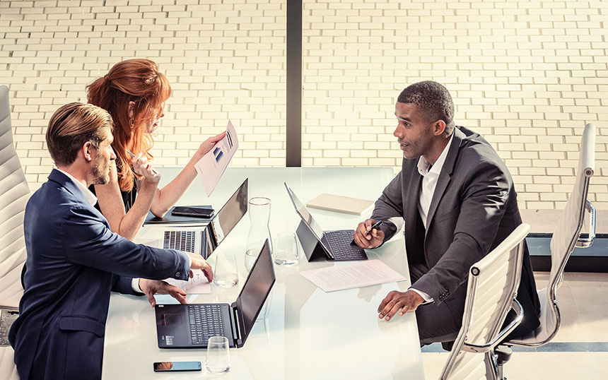 Talking business men and woman